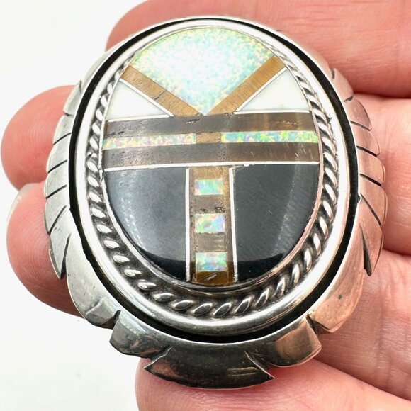 Vintage Native American Inlay Gemstone Pin Brooch Sterling Silver Opal Tiger Eye - Picture 2 of 4